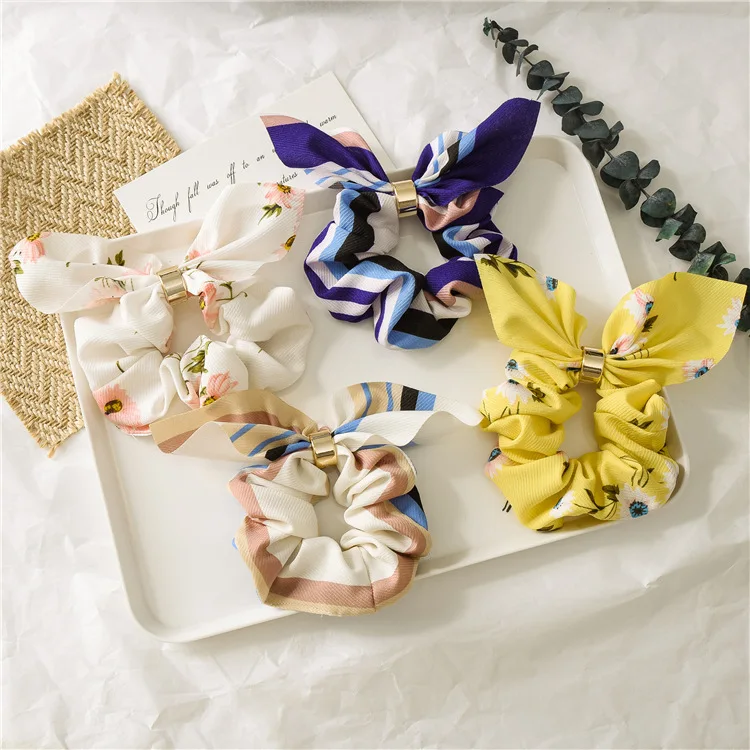 

Floral Striped Rabbit Ear Bow Scrunchies Metal Buckle Elastic Hair Rubber Bands Women Girls Hair Ties Ponytail Hair Accessories