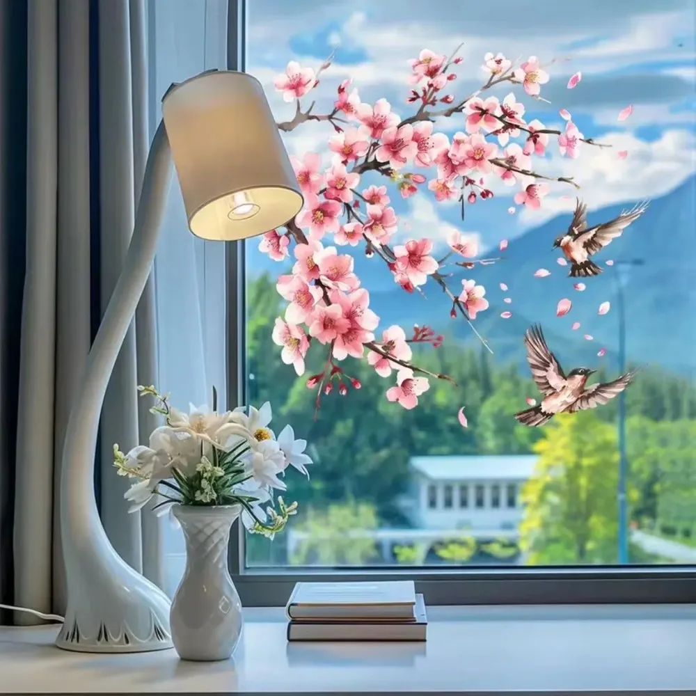 1 peach blossom bird wall sticker, spring window sticker, electrostatic sticker