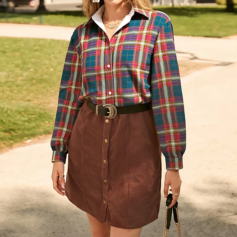 

Mia Muse Autumn Shirts 2025 Women's Chic Comfortable Plaid Long Sleeve Shirt Collar Fitting Slim Office Lady Shirts