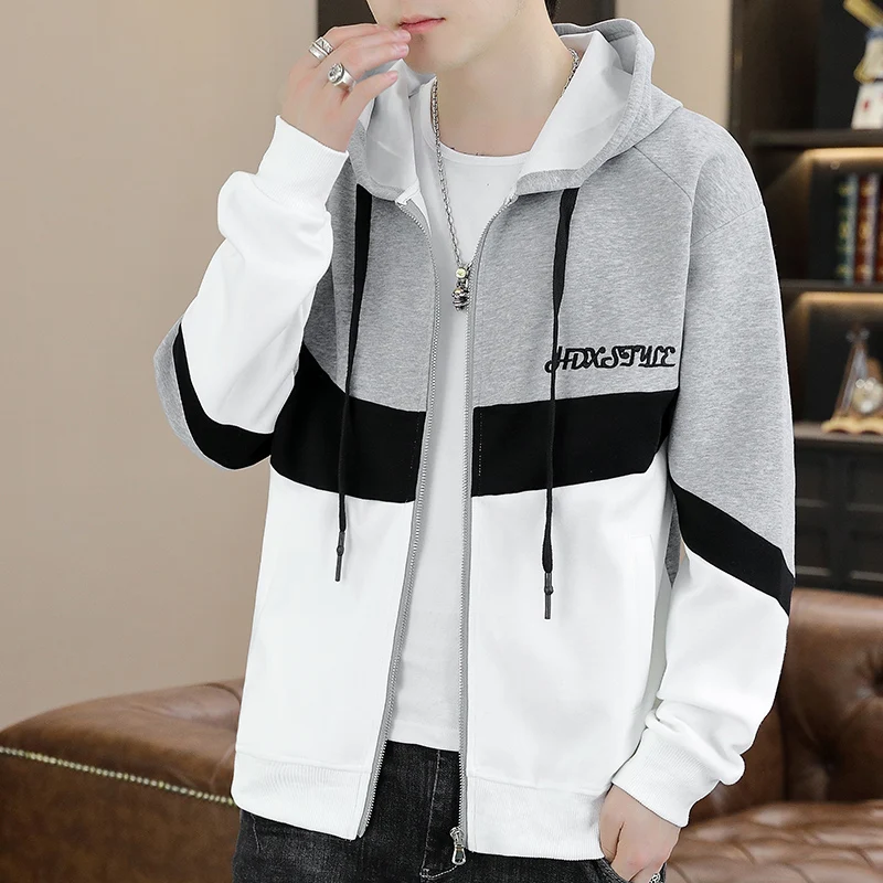 

Casual Loose Men's Hoodie Jaet Spring Autumn Trendy Knitted Geometric Pattern Zipper Closure Long Sve Youth Faion