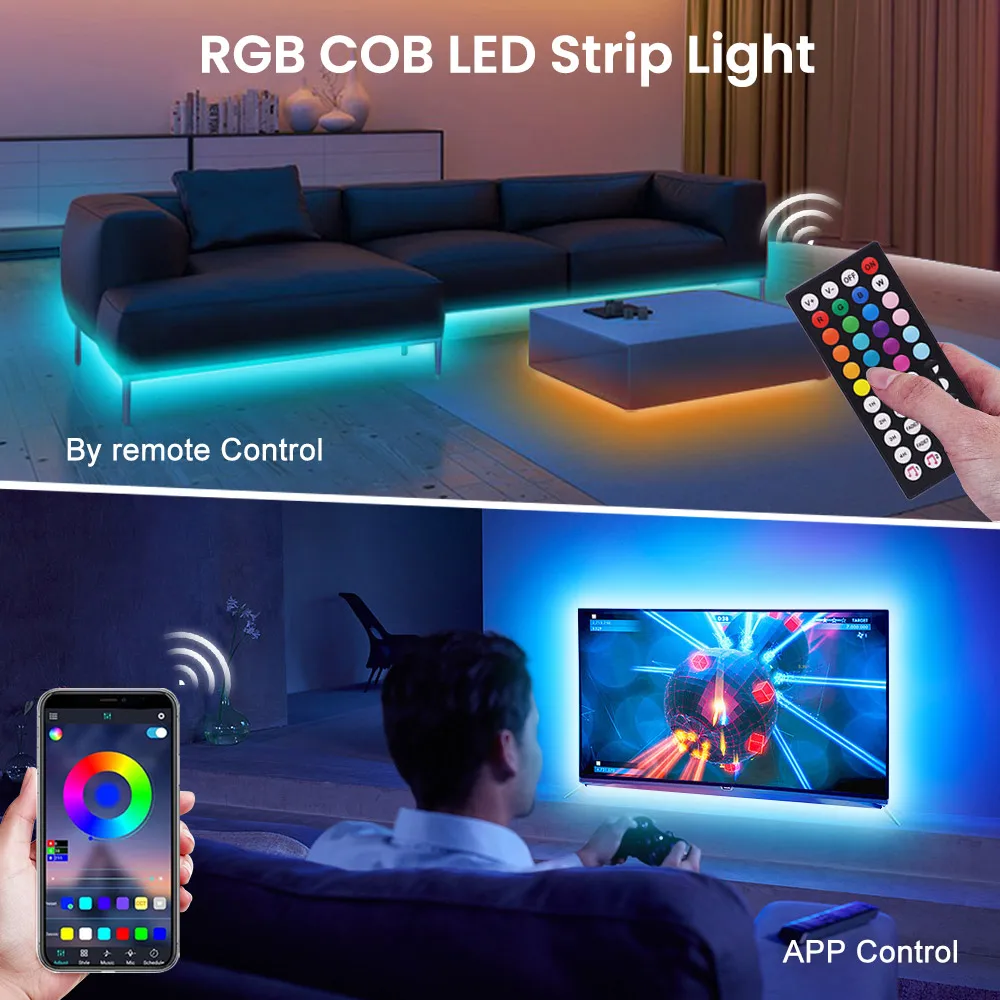 Tira de luces LED COB, 5V, USB, RGB, Wifi, compatible con Bluetooth, 24 teclas, 44 teclas, Kit de Control remoto, 576 luces LED lineales, lámpara de