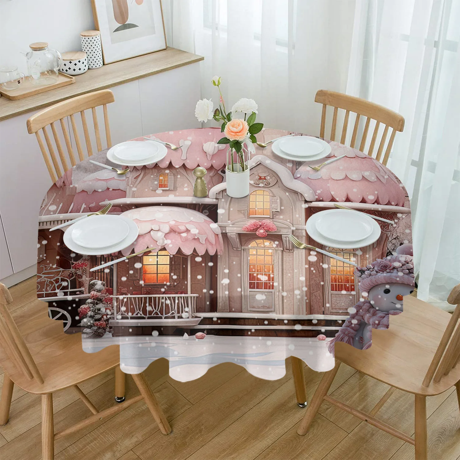 Christmas Snowman Snow Scene Pink House Round Tablecloth Waterproof Table Cover Home Kitchen Table Cloth Dining Table Decoration