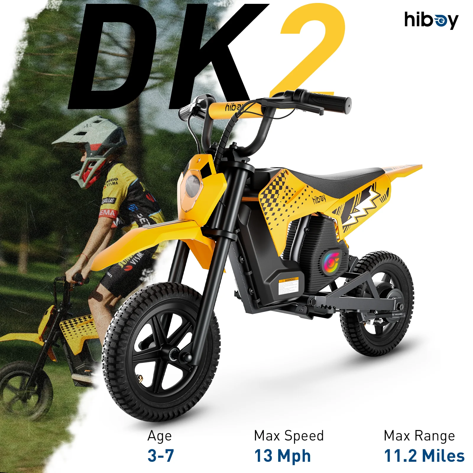 Hiboy DK2 Electric Dirt Bike for Kids Age 3-7 , Up to 13Mph 3-Speed Motorcycle & 11.2 Miles Range with Smart LED Display Gift for Boys Girls