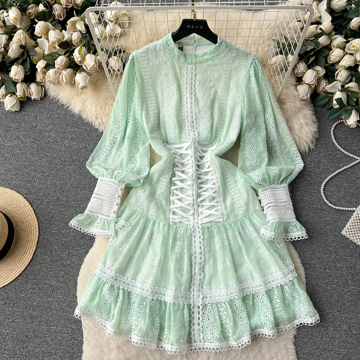 Dresses For Women 2023 Luxury Fashion Waist Lace Up Embroidery Dress Spring Long Sleeve Elegant Wedding Guest Party Mini Dress