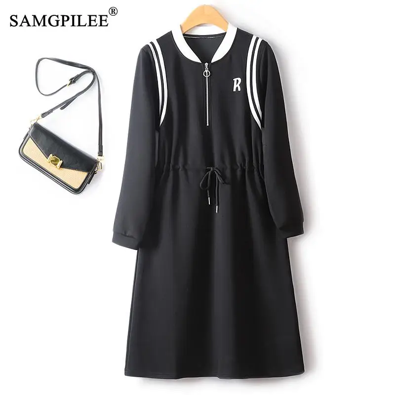 

Dresses For Women 2023 New Autumn Zipper Pullover Full Sleeve Air Cotton Drawstring Casual Mid Length Slim Elegant Female Dress