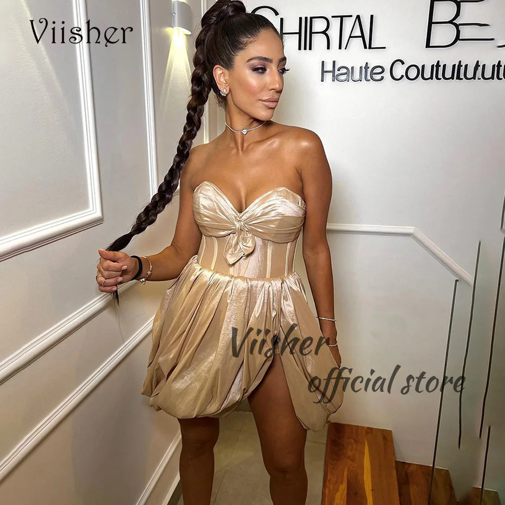 

Viisher Khaki Pleats Satin Short Cocktail Prom Dresses with Slit Illusion Corset Sweetheart Party Dress Sexy Club Night wear