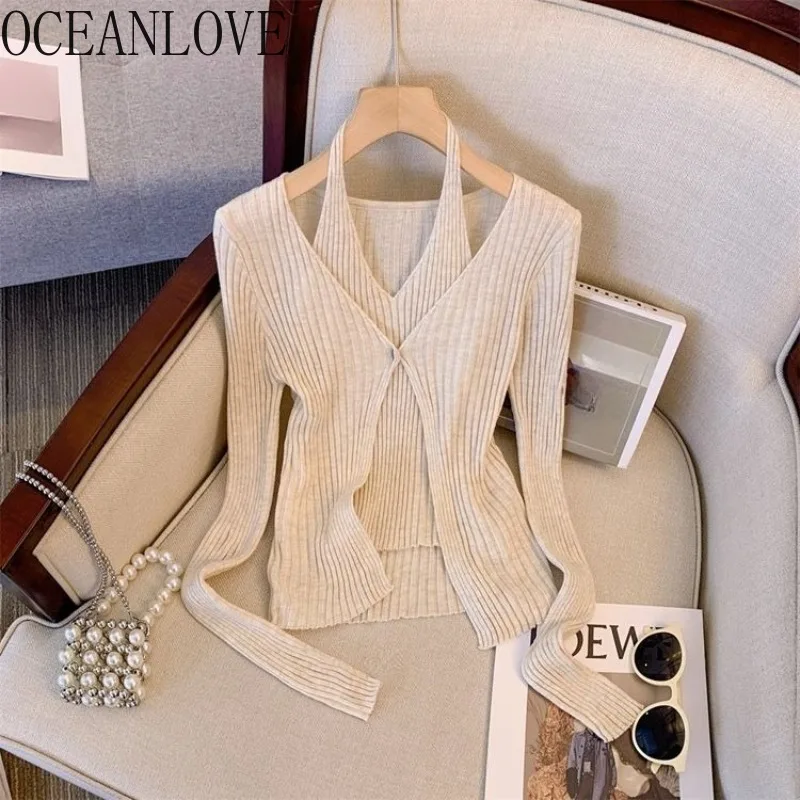 

OCEANLOVE Autumn Winter Clothes Woman Sweaters Fake 2 Pieces Halter Solid Short Pullovers Vintage Korean Fashion Pull Femme