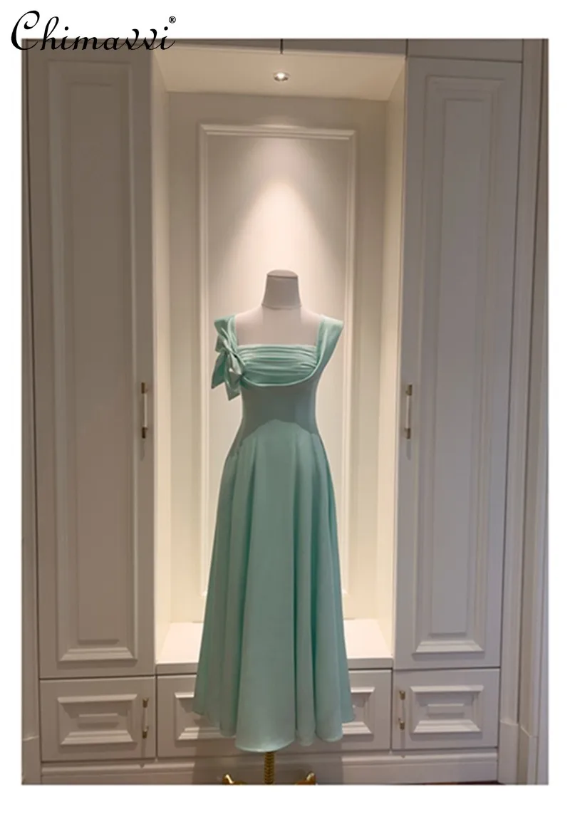 2026 lente en zomer nieuwe high-end vierkante hals strik taille satijnen jurk damesmode stropdas elegante lange feestjurk jurken