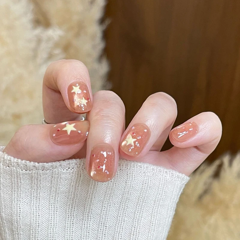 10 Stück Französische Kurze Ovale Aufklebenägel - Einfache Farbblock-Streifen & Stern-Designs Glänzende Mix-and-Match Künstliche Nägel – Detail 9