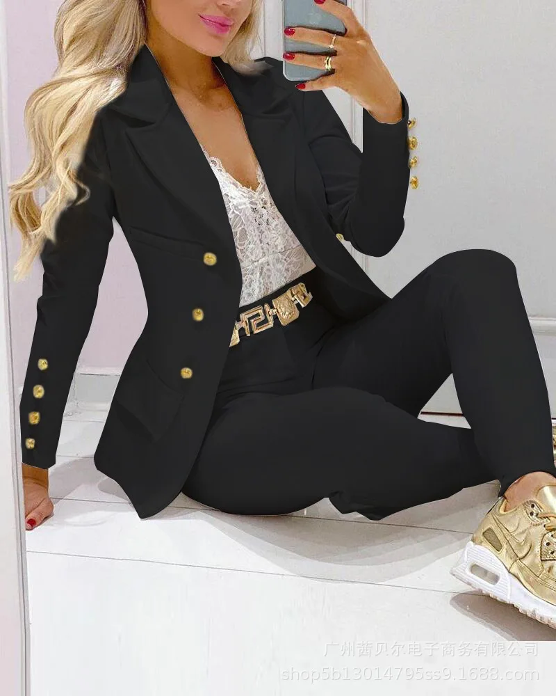 Women Two-piece White Temperament Commuter Fashion Spring And Summer Suit Collar Double-breasted Jacket High Waist Slim Pencil