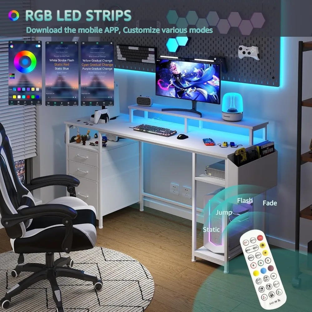 55 Mesa de escritório doméstico com gavetas de armazenamento, suporte para monitor, ideal para estudo, jogos e escrita