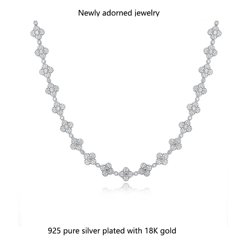 

S925 silver inlaid cubic zirconia hiphop Cuban four-leaf clover necklace with hollow design, a fashionable cross-border item for
