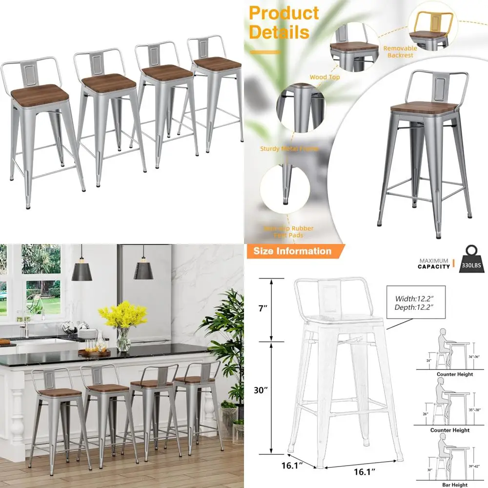 طقم مقاعد بار معدنية مقاس 30 بوصة مكون من 4 قطع مع مقاعد خشبية وكراسي بار المطبخ ذات الظهر المنخفض ولمسة نهائية فضية