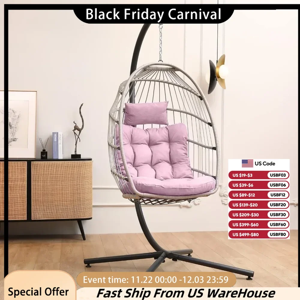 

Hanging Egg Chair with Stand, Indoor Outdoor Wicker Egg Chair with Cushion Headrest for Patio Bedroom Porch Garden