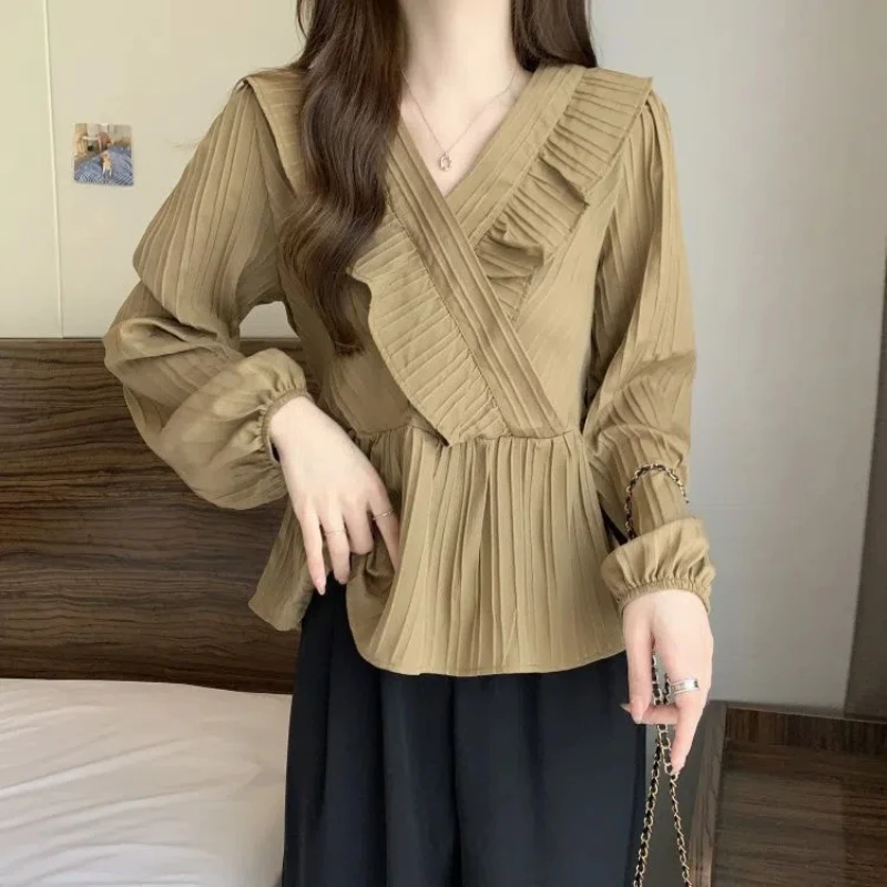 Women Clothing V Neck Ruffles Loose Casual Shirt Tops Spring Autumn New Long Sleeve Pleated Solid Korean Blouse Sweet Fashion