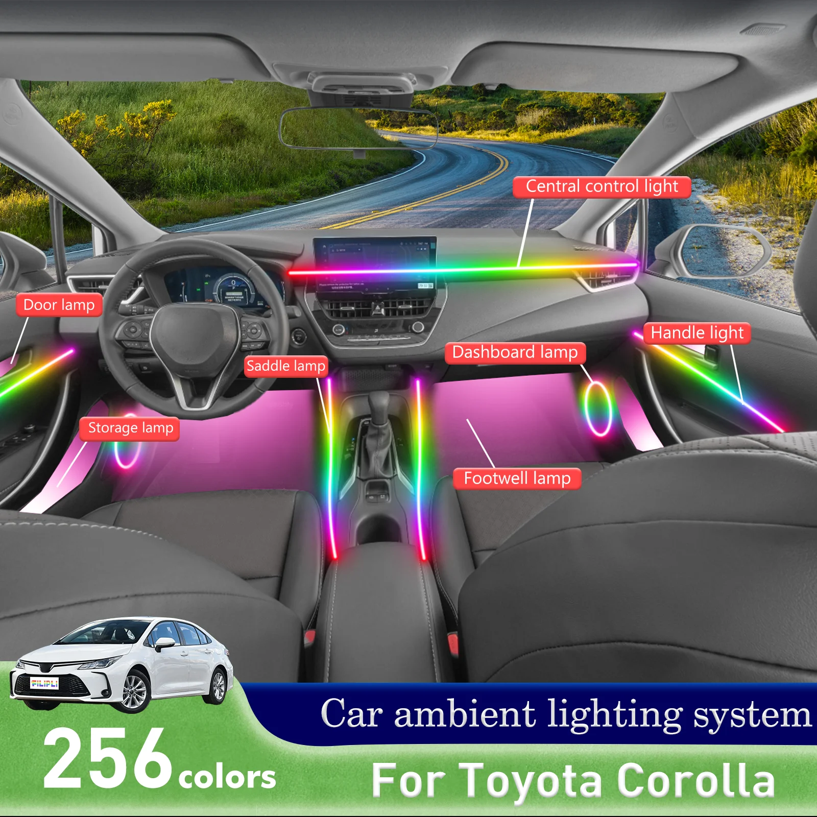 

For Toyota Corolla Car Interior Ambient Light RGB 64-Color LED Smart Remote Control Energy Saving Efficient Lamp Kit