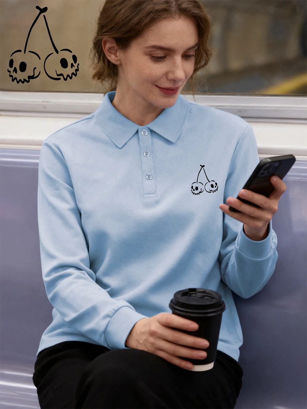 

Ужасающие рубашки поло со скелетом и вишневым принтом, женские зимние футболки с длинными рукавами, рубашки для гольфа с лацканами, спортивные тонкие женские топы