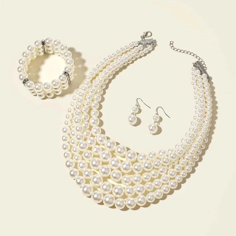 Black Jewelry European and American Imitation Pearl Necklace Three-piece Amazon Source Bridal Jewelry Pearl Necklace