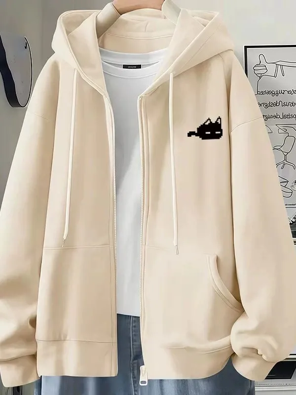 Pixel Art  Print Fleece Lined Hooded Open Cardigan Unisex Autumn Winter Casual Outerwear Loose Fit Versatile Student Style