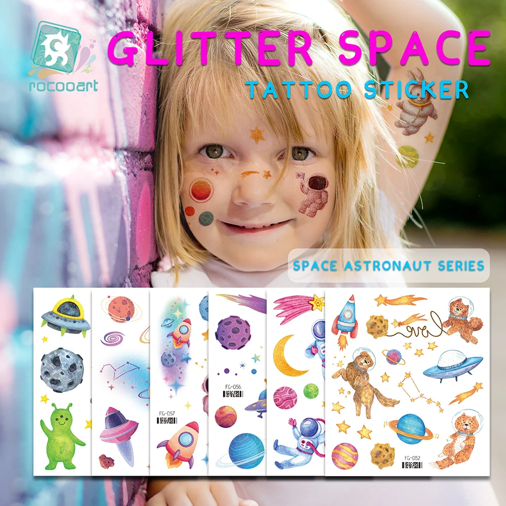 

Glitter Space Man Temporary Tattoos Sticker For Kids Fake Tattoo Planets Star Tatoo Children Waterproof Tatto Astronaut Universe