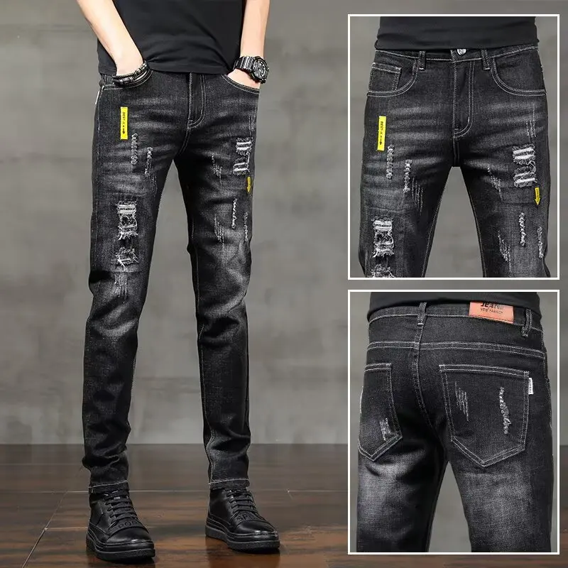 

Мужские повседневные джинсы 2025: Новинка, низкая посадка, эластичные, облегающие, с дизайном рваных элементов, дышащие, для молодежи, осень-зима