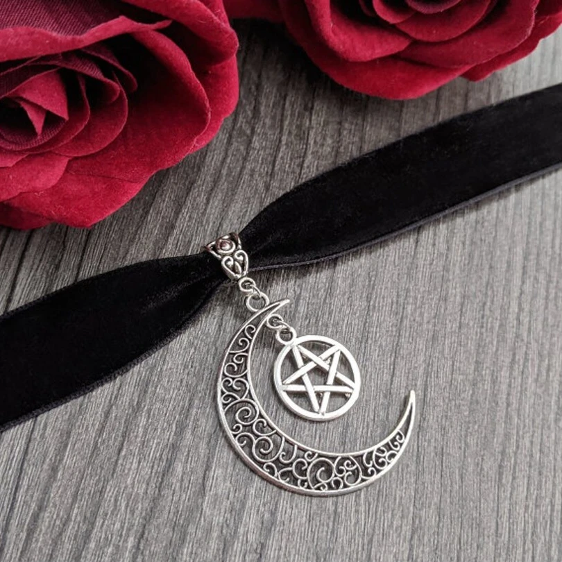 Gothic Velvet Choker In Black with Silvery Moon and Pentagram - Pagan Jewelry Witch Wicca Collar Dark Academia Dark Fashion