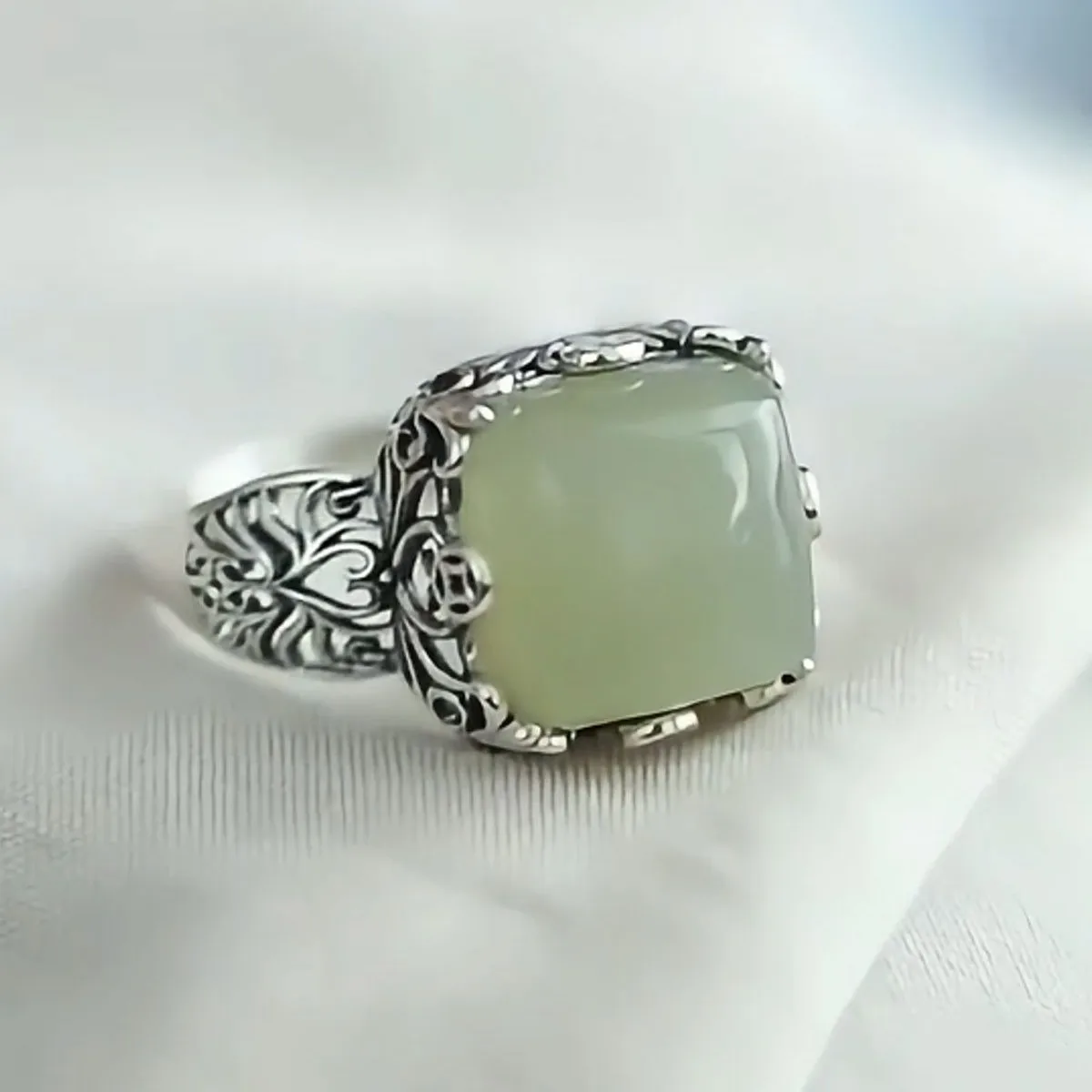 silver 925 hollow out copper coin Retro ring national style new in natural Hotan Jade green square rings for women jewelry