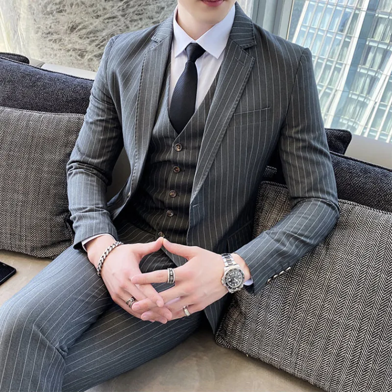 (Jackets+Vest+Pants) 2022 Men\'s Three-piece Suit/Male Slim Fit Cotton High Quality Business Blazers/Man Stripe Groom Dress S-5XL