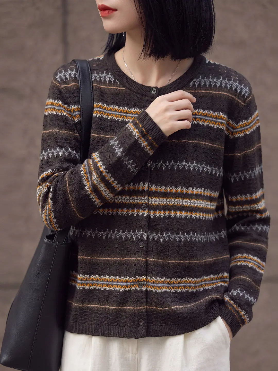 Loose Fit Striped round Neck Knitted Open Cardigan Casual Style Casual Wear Large Size Fair Isle Color Block Knitwear