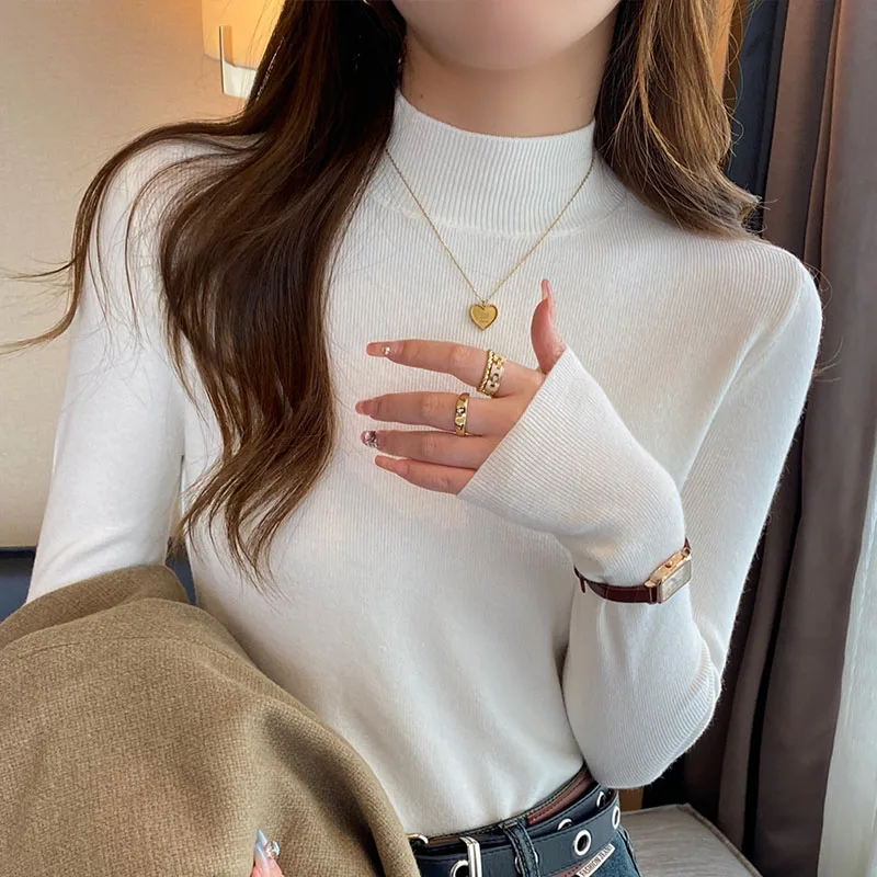 

Knitted Sweater Women Pullovers Sueters De Mujer Long Sleeve Knit Sweater Pullover Women Tops New White Mock Neck Sweaters Q3243