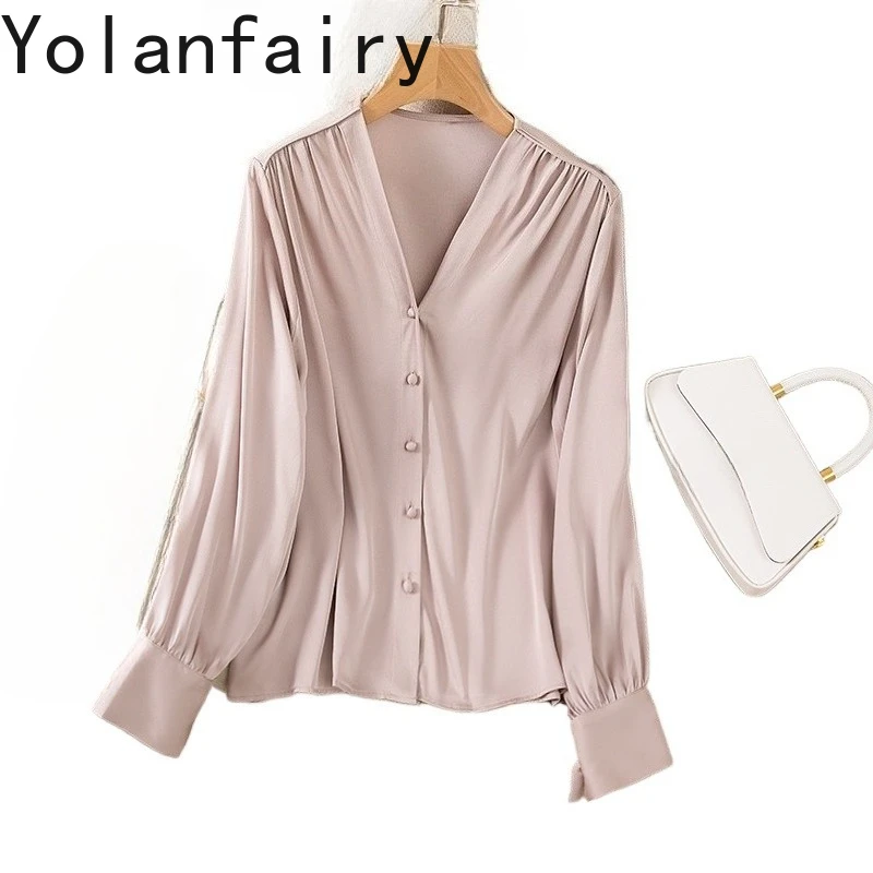 

YOLANFAIRY 93% Natural Mulberry Silk Shirt for Woman Classic Pleated Long Sleeve Tops Shirts Dames Cardigan Coat Women Shirts