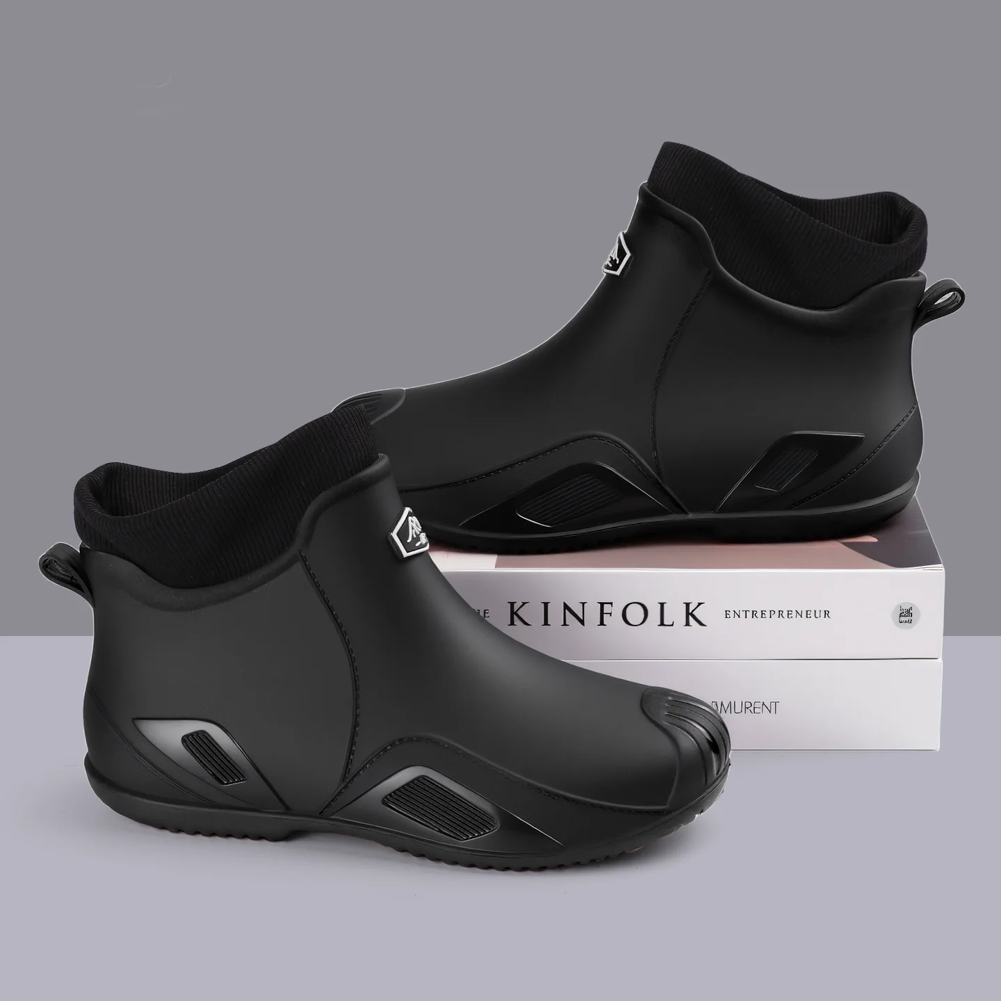 الرجال في الهواء الطلق احذية المطر القصيرة سميكة المضادة للانزلاق مقاومة للاهتراء عدم الانزلاق الأحذية البلاستيكية الكورية نمط أسود أحمر Shoes2026 #1