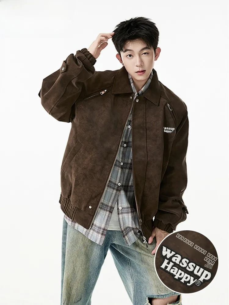 

Wassup Happy American Sle Tie Dye PU Leather Jaet Men's Spring Autumn Vintage Loose Faion Motorcycle Clothes Coat