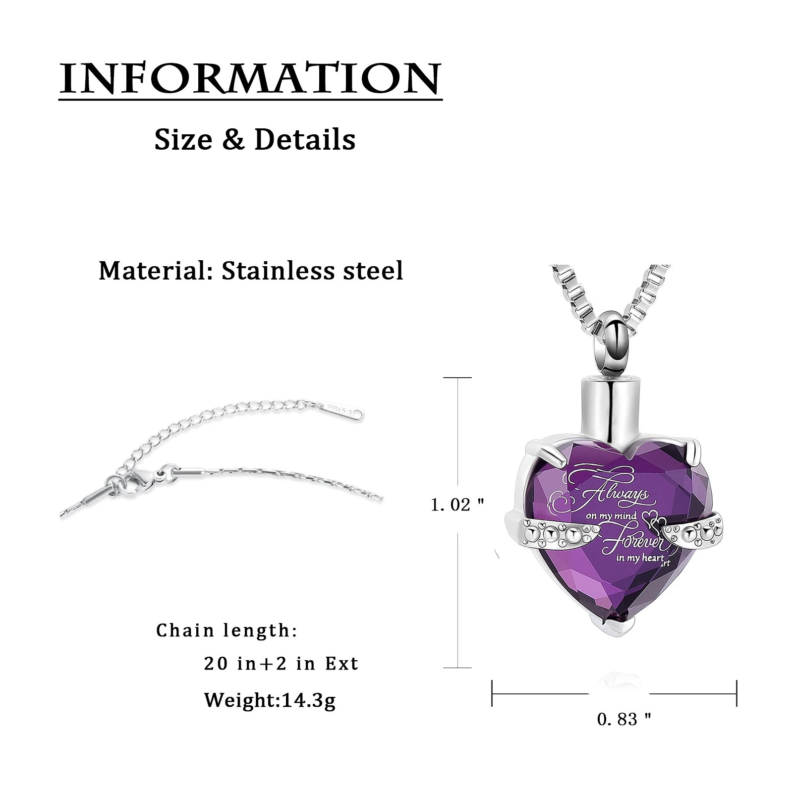 Wholesale Purple Crystal Love Heart Shape Cremation Pendant Necklace For Ashes Women Keepsake Forever in My Heart Urn Necklace