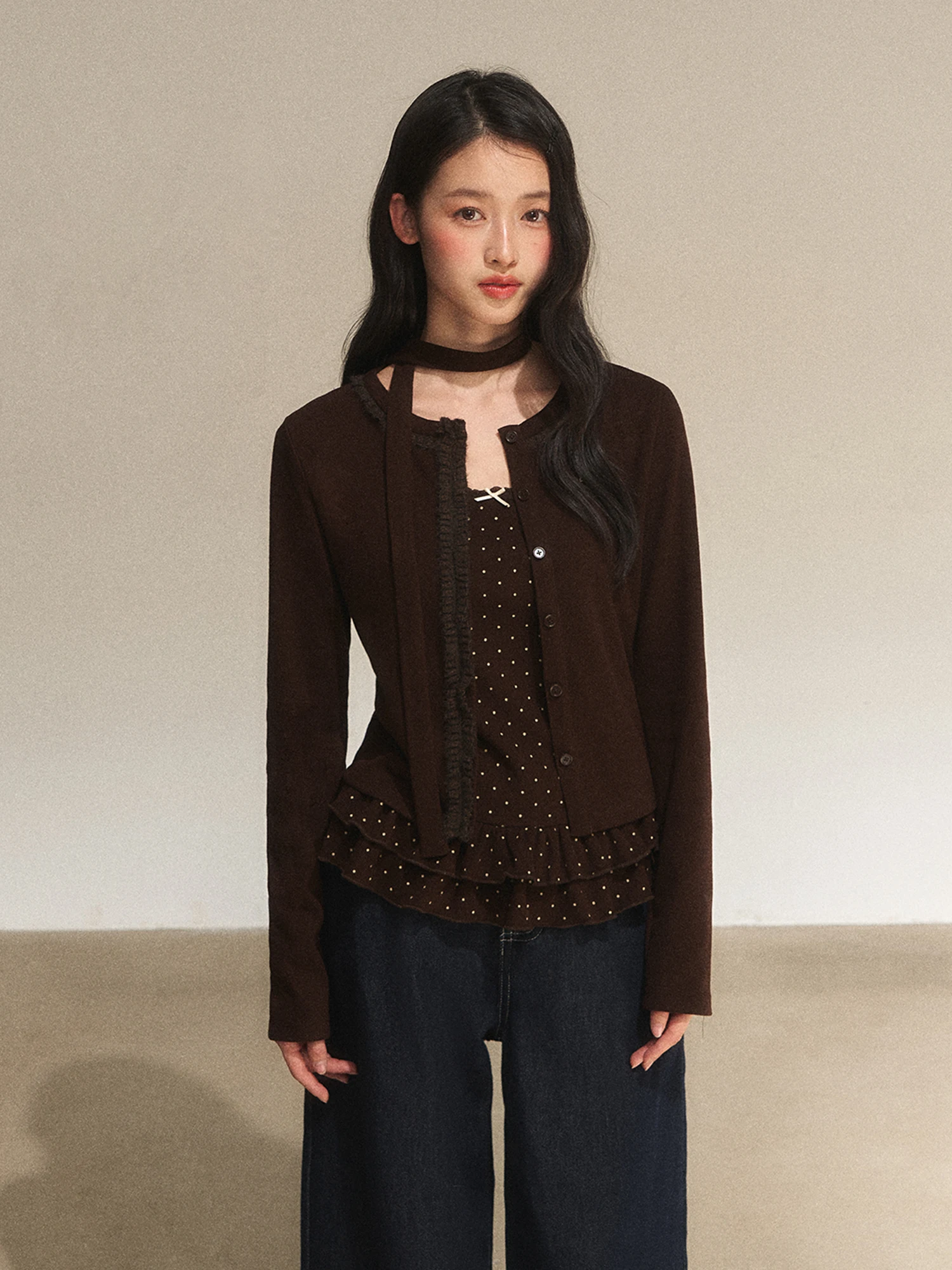 

Винтажный коричневый кардиган Wedhub с кружевной отделкой, женская куртка на осень-зиму, приталенный крой, из смесового полиэстера, с длинными рукавами