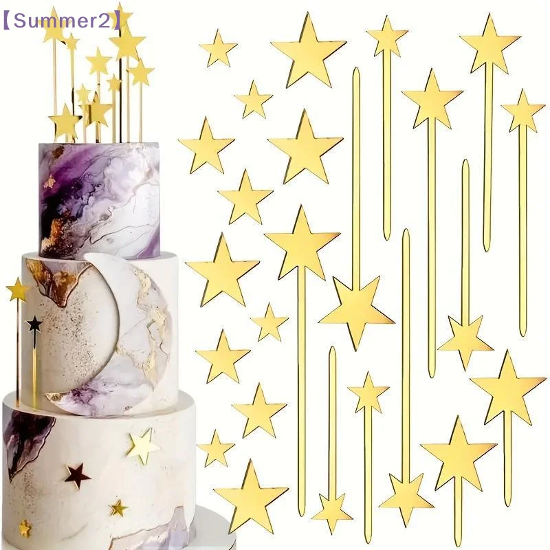 【Xia2】24 Stück Pentagramm-Stern-Geburtstagstorten-Topper aus goldfarbenem Acryl für Geburtstagsdekorationszubehör {S}