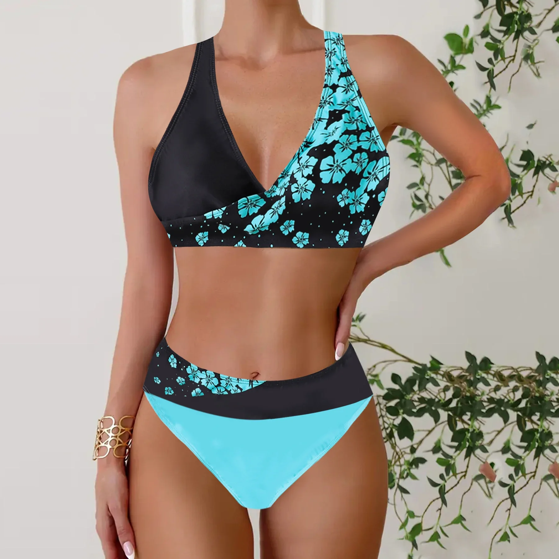 Women's Summer Vacation Tankini Set - High Stretch Crew Neck Swimsuit with Random Print, Knit Fabric 2 Piece Tropical Bikini