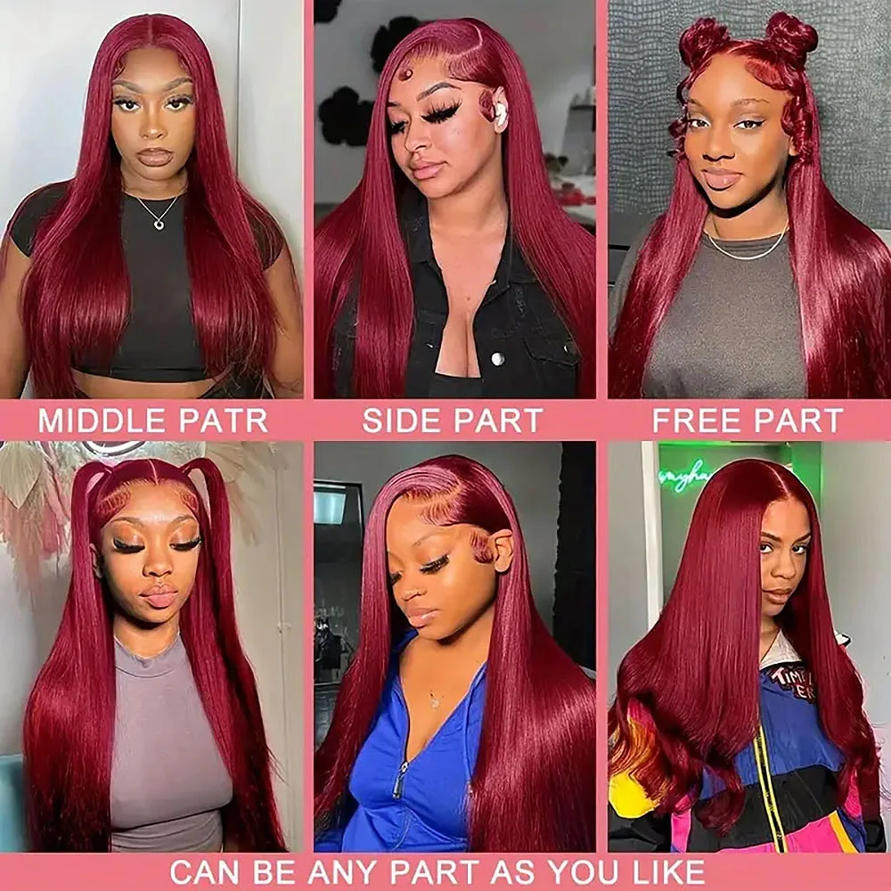 Pelucas de cabello humano liso 99J de 200% de densidad Color burdeos para mujeres 13x4 encaje transparente prearrancado