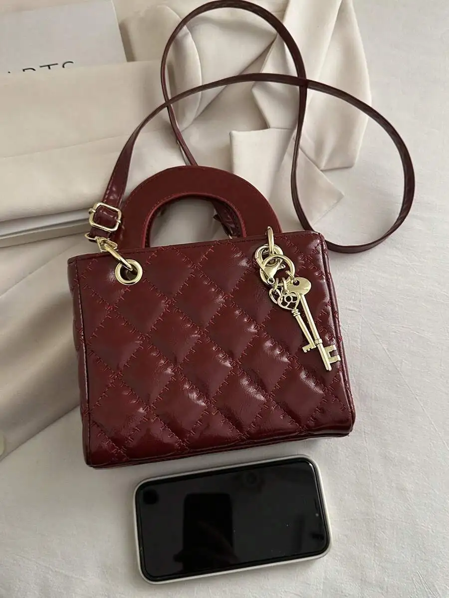 

Toffee Rhombus Mini Tote Bag Retro Zipper Crossbody Bag Holiday Gift