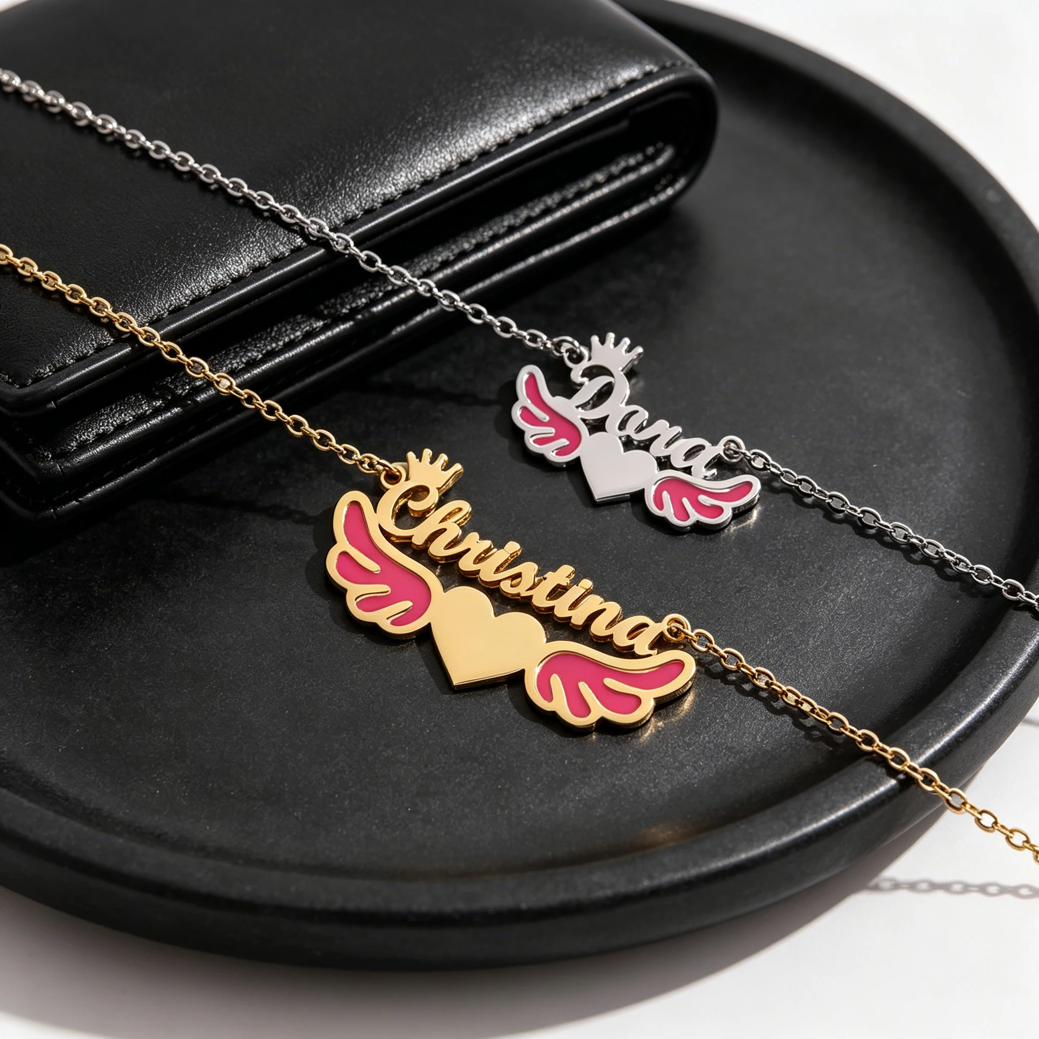 Acheerup Personalized Custom Name Crown Necklace Colorful Wings Stainless Steel Heart Chain Jewelry for Women Birthday Gifts