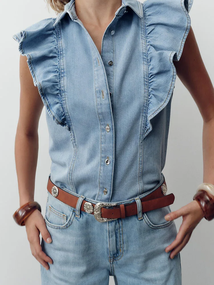 ชุดยีนส์ขาตรงทรงตรงแฟชั่นสำหรับผู้หญิง คอลเลคชั่นฤดูร้อนปี 2025  พร้อมปกเสื้อ  ใส่ได้หลากหลายโอกาส