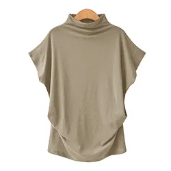 Female Solid Color Classic Turtleneck Short Petel Sleeve Cotton Fashionable Casual Loose Commuting Pleated Summer Thin Clothing