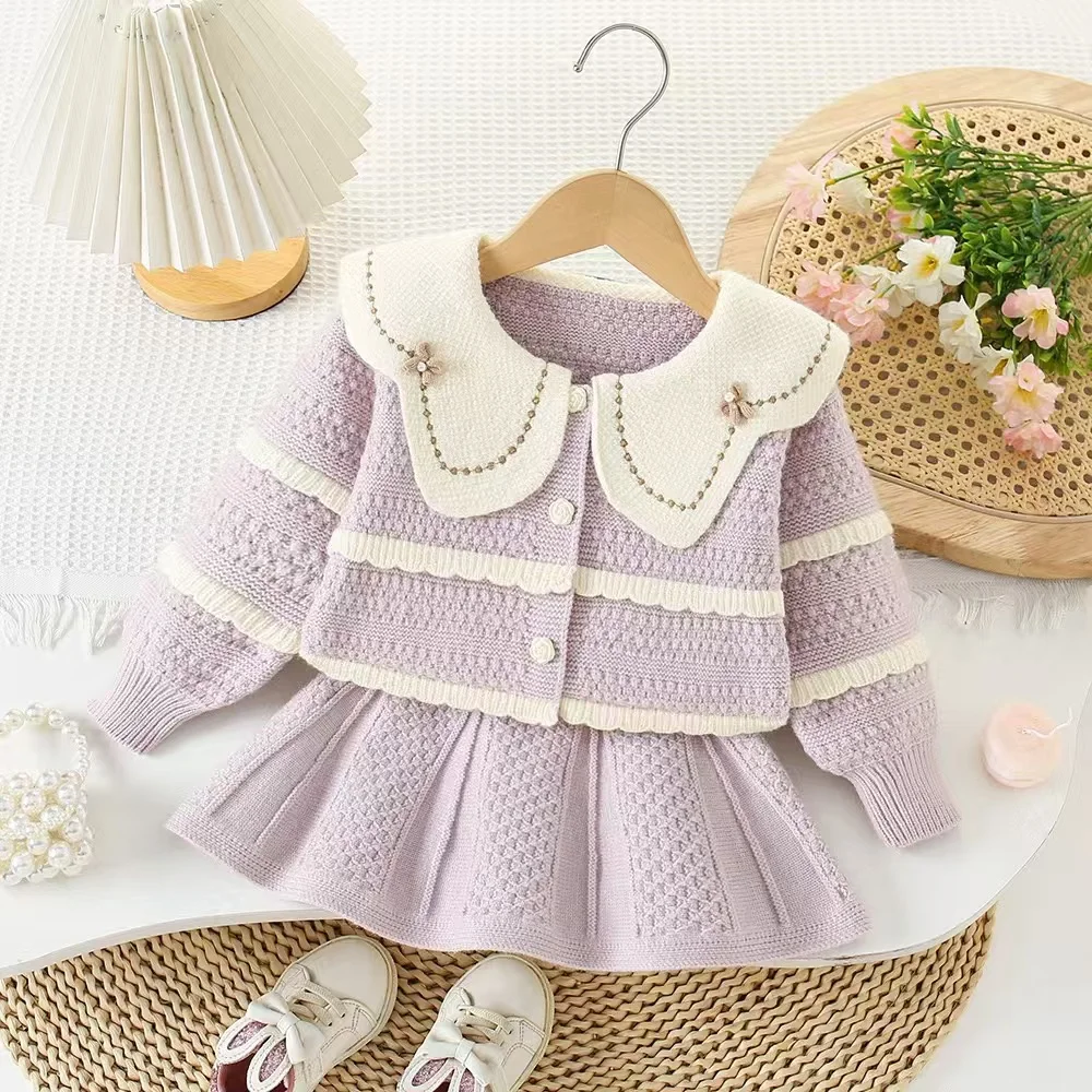 

Girls' Stylish Two-piece Children's Sweater Korean Autumn and Winter New Knitted Ruffle Edge Two-piece Set for Baby Girls