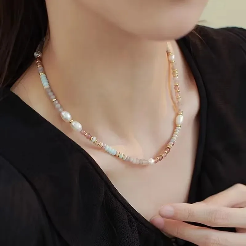 Minar Retro Colorful Natural Stone Crystal Freshwater Pearl Strand Beaded Necklace for Women 14K Real Gold Plated Copper Chokers