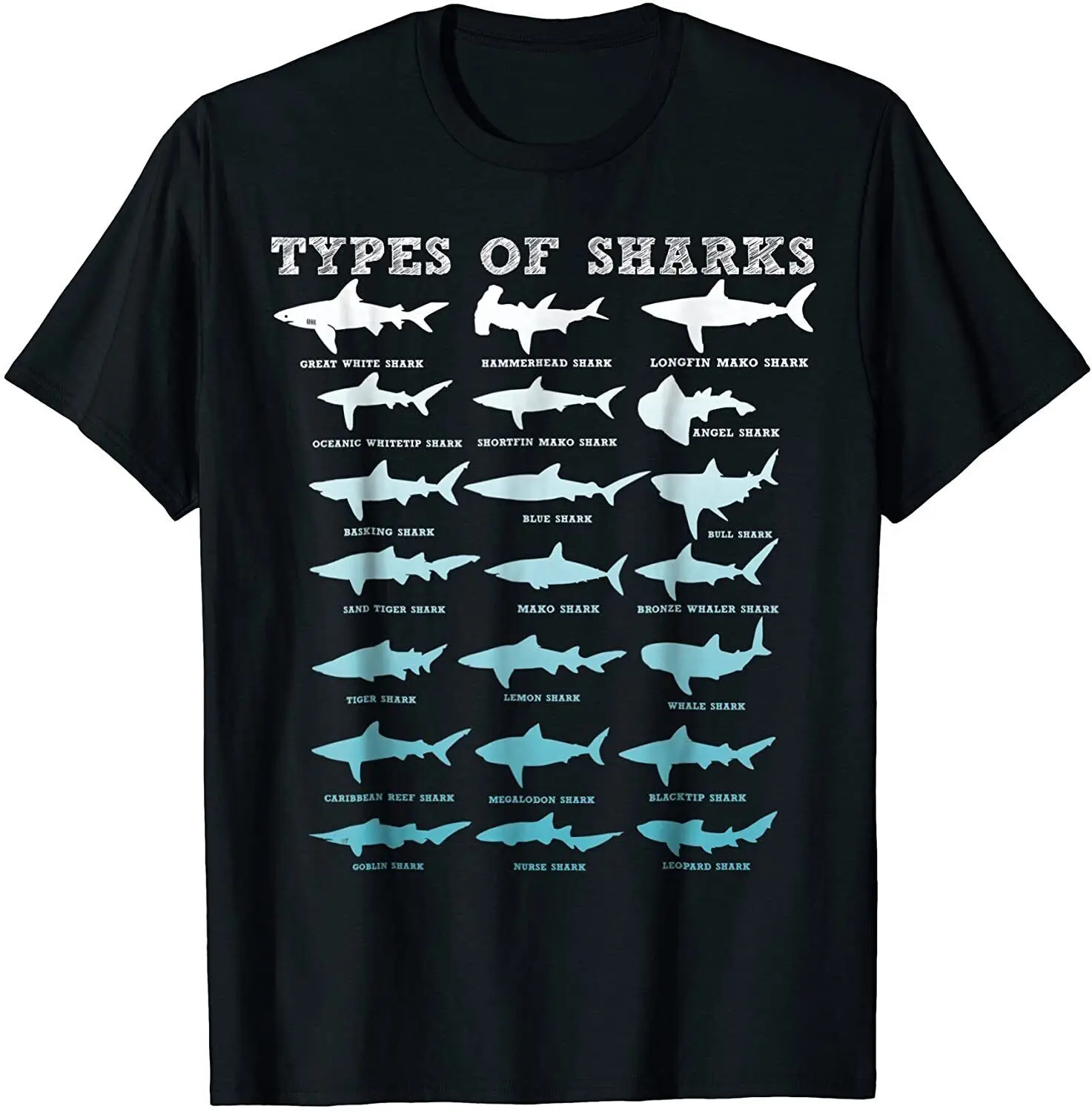 NEW! 21 Types of Sharks Marine Biology Shark Lover Gift T-Shirt - MADE IN USA