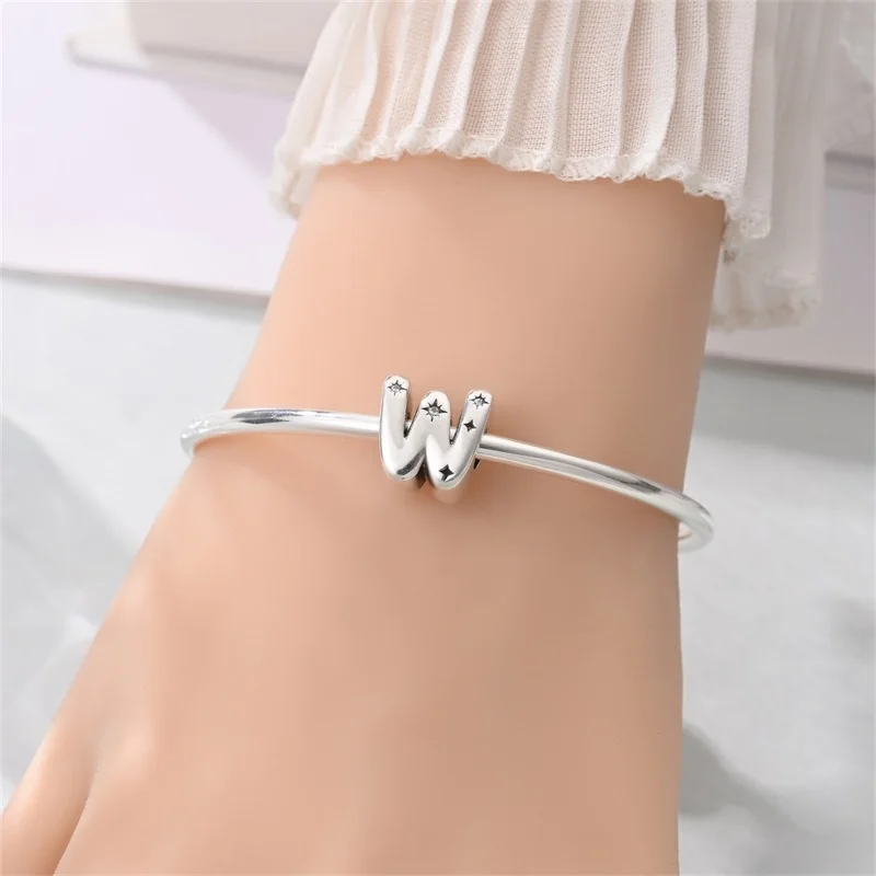 S925 فضة 26 حرف A-Z الأبجدية خرز تميمة صالح الأصلي الإسورة سوار قلادة قلادة مجوهرات اكسسوارات صنع