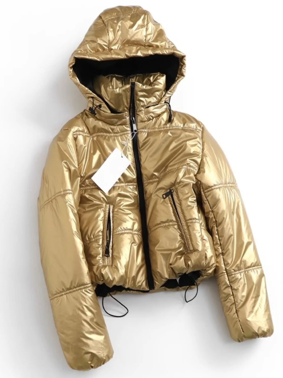 Faionable à capuche coupe ajustée plissée fermeture éclair Surface brillante coton Jaet nouveau 2024 hiver Sle femmes Premium coton manteau