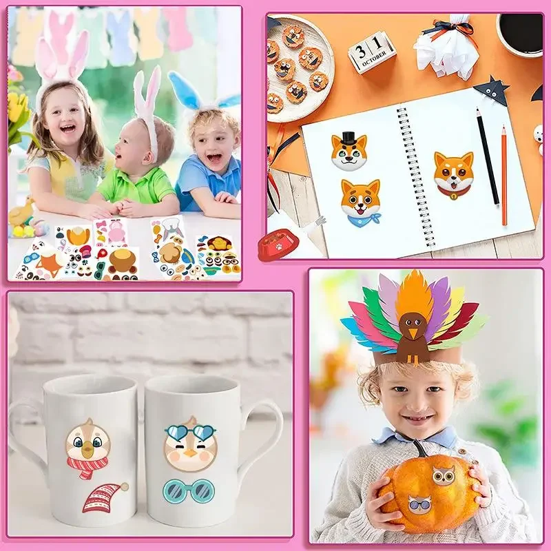 32Sheets Children DIY Puzzle Sticker Games 16 Animals Face Funny Assemble Jigsaw Stickers Kids Educational Toys Boys Girls Gifts