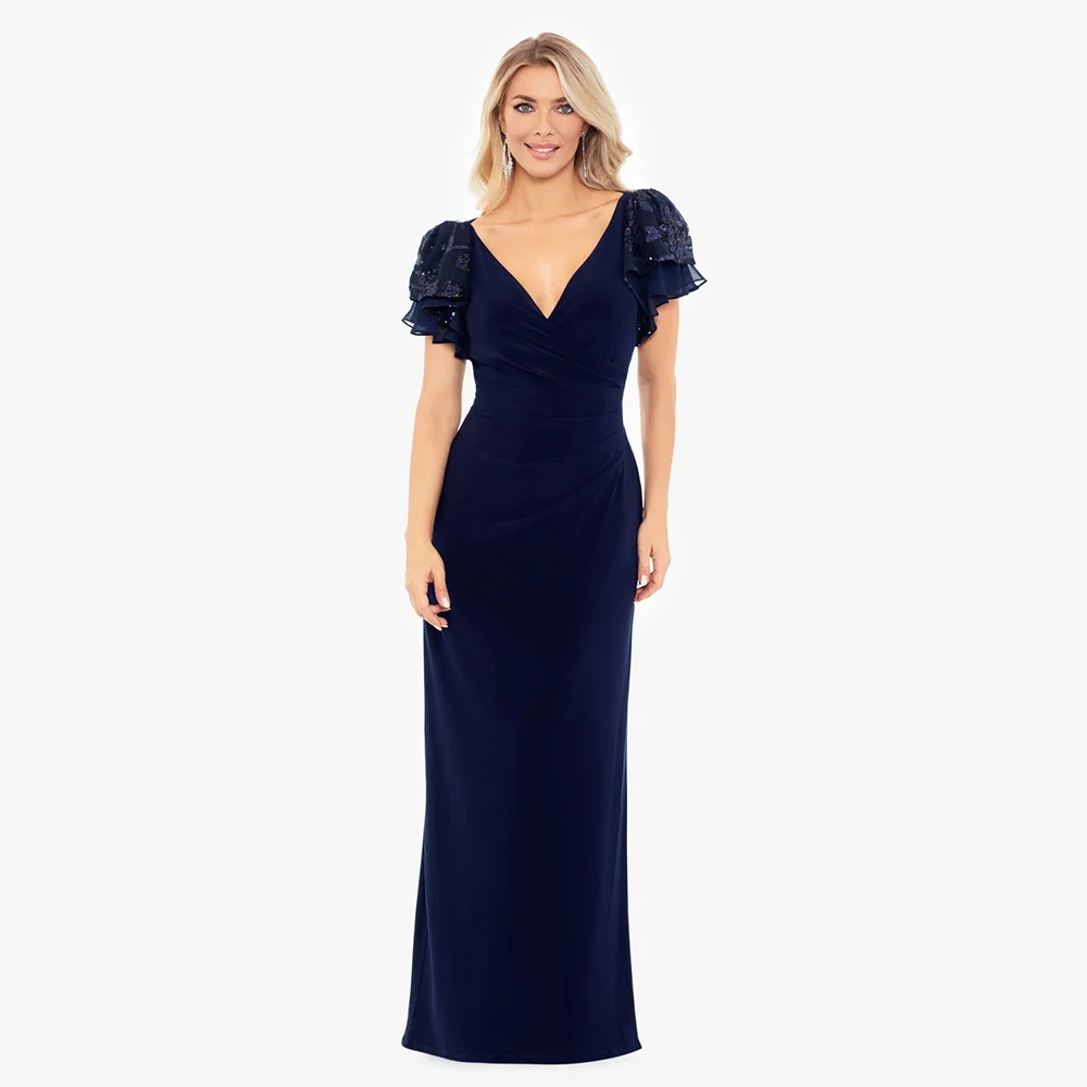 

Elegant Evening Dress V Neck Short Sleeve Prom Dresses Applique Side Split Pleated Formal Party Gown Cocktail Dress Customized