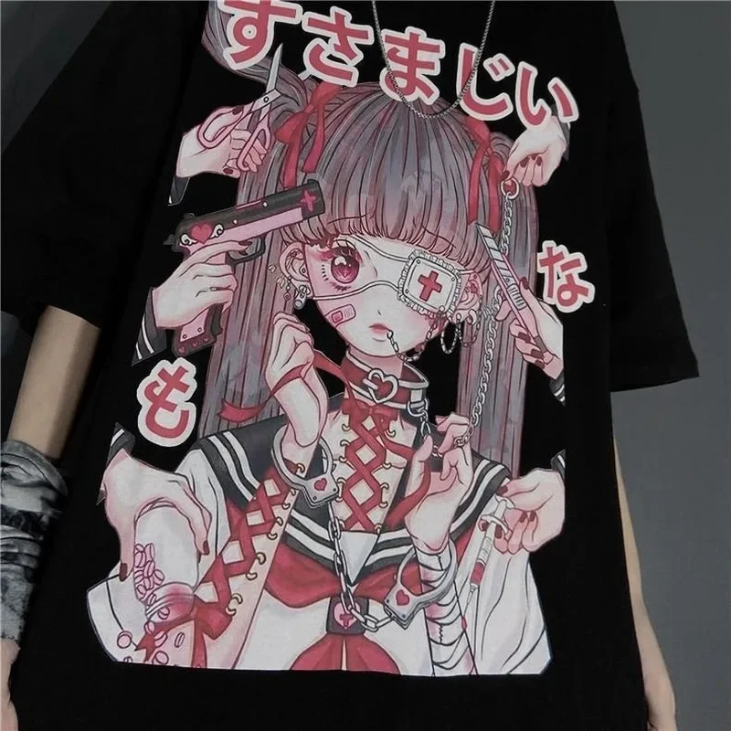 Anime Gothic Women T-shirts Harajuku Punk Grunge Short Sleeve T Shirt Fashion Blouses Streetwear Tops Graphic T Shirts